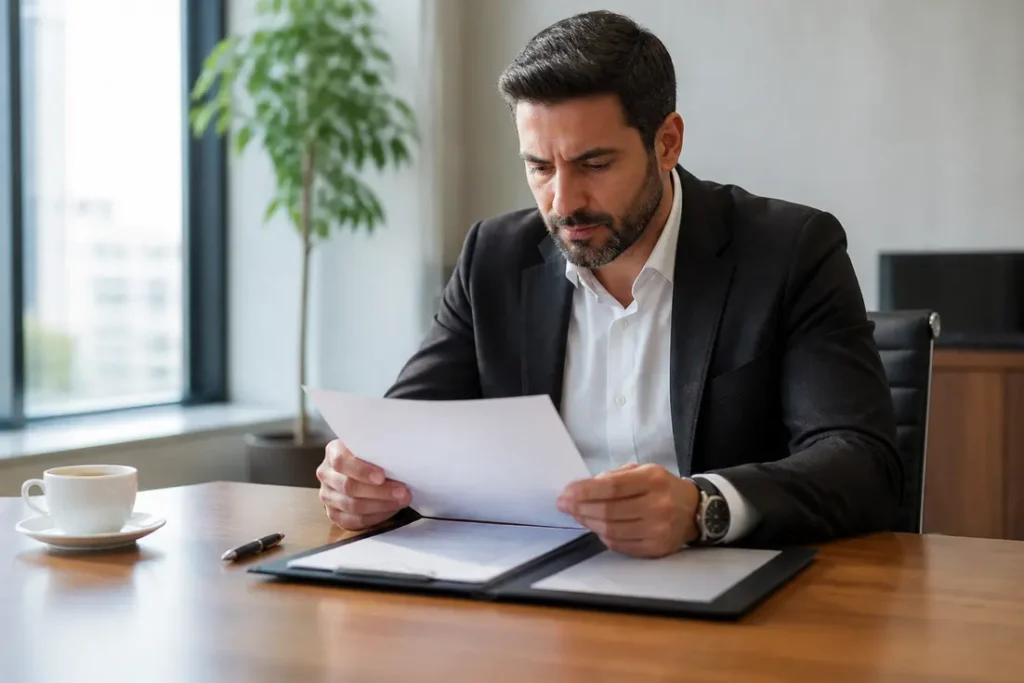 Un entrepreneur examine des documents administratifs importants pour obtenir attestation renonciation patrimoine personnel dans son bureau
