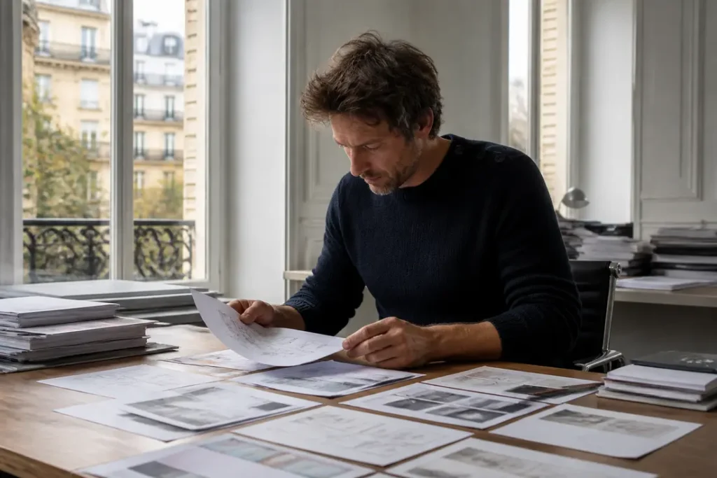 professionnel analysant des planches de storyboards pour optimiser l'expérience utilisateur manga dans un bureau lumineux