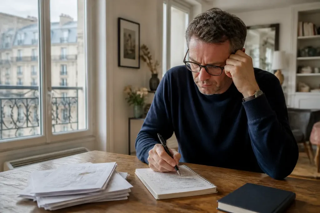 Un homme examine ses comptes sur une table en bois illustrant la durée de vie 100 000 euros.