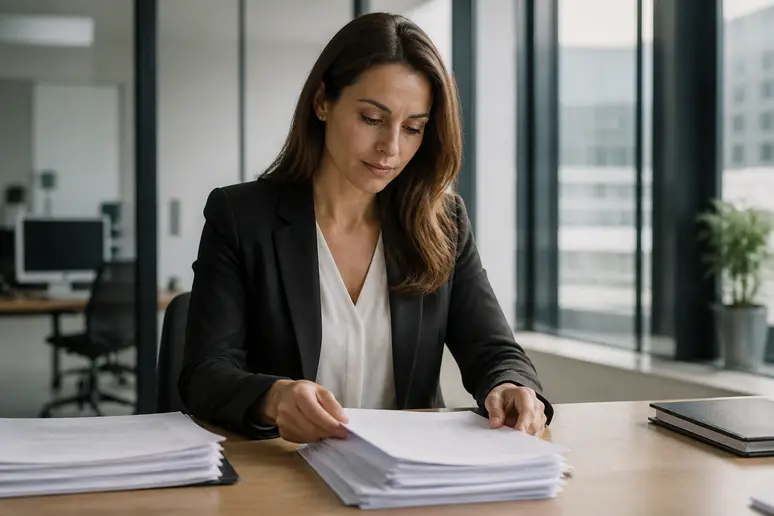 Collaborateur consultant ses documents professionnels et ses avantages en agence.