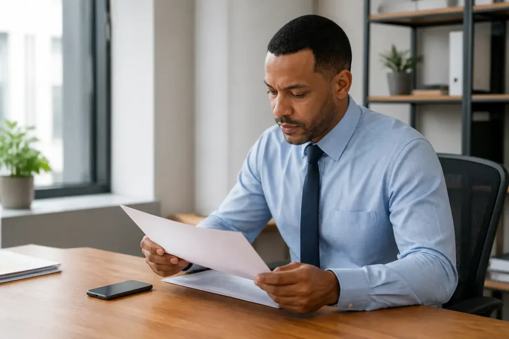 Un professionnel examine des documents administratifs pour débloquer téléphone blacklisté dans son bureau lumineux.