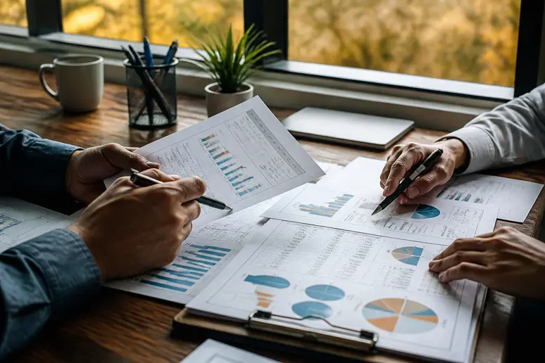 Mains consultant des documents de prévision financière et des graphiques budgétaires sur un bureau