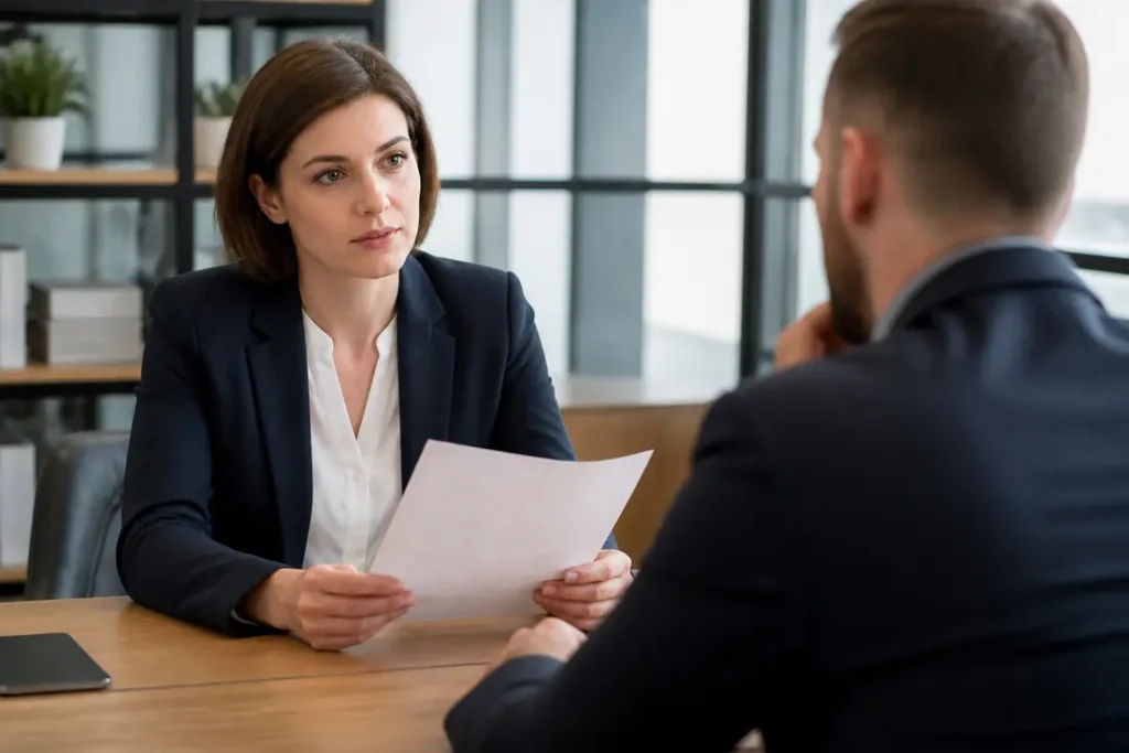Salarié en entretien professionnel pour demander augmentation salaire hors entretien annuel dans un bureau lumineux.