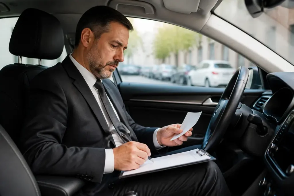 Un conducteur remplit des documents administratifs dans sa voiture pour devenir chauffeur VTC.