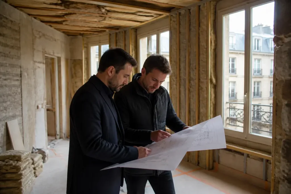 Propriétaire et artisan analysant le chantier d'un investissement immobilier ancien en cours de rénovation énergétique
