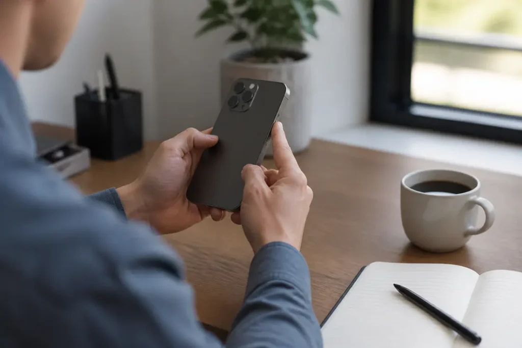 Utilisateur manipulant les boutons latéraux pour éteindre iPhone sans tactile sur un bureau en bois lumineux