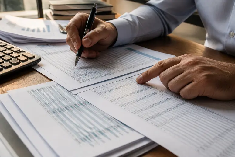 Mains analysant des tableaux de valorisation financière pour le calcul de l'exit tax