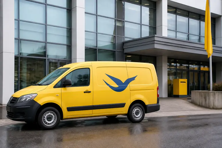 Véhicule utilitaire jaune et bureau de poste moderne illustrant le changement d'identité visuelle