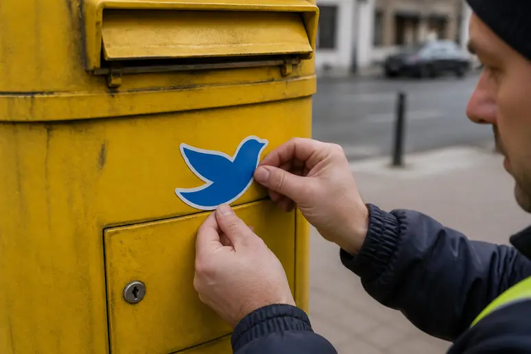 Technicien posant un nouvel autocollant de logo sur une boîte aux lettres jaune de rue