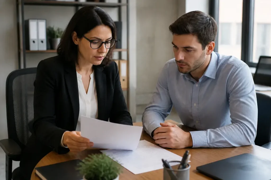 deux collaborateurs analysent des documents administratifs pour comprendre leurs droits salariés cession entreprise