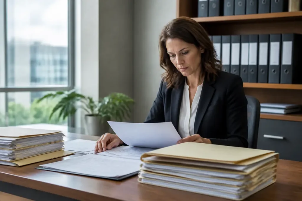 Un gestionnaire de paie examine des documents administratifs pour l'expérience PaiePilote gestion paie dans un bureau lumineux.