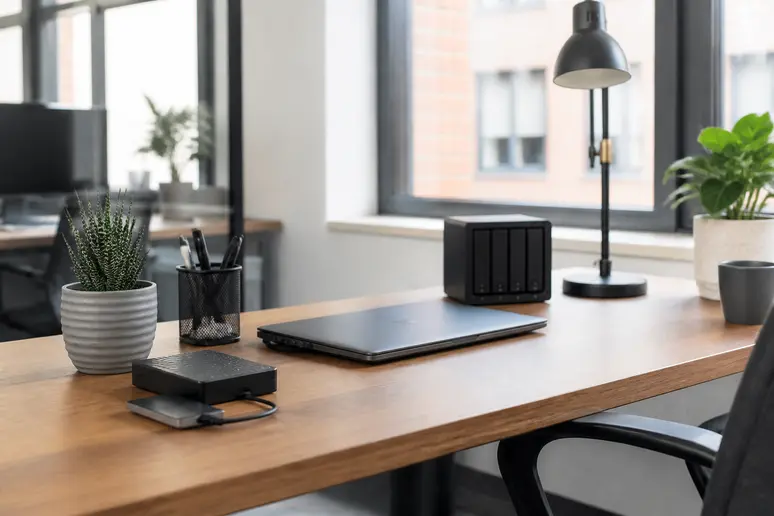 Ordinateur portable fermé et disques de stockage sur un bureau professionnel lumineux