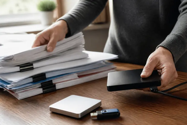 Mains triant des documents professionnels pour préparer une sauvegarde sur le cloud