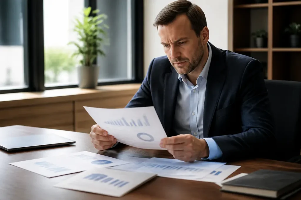 Un professionnel analyse des documents administratifs lors d'une évaluation pCloud stockage cloud au bureau