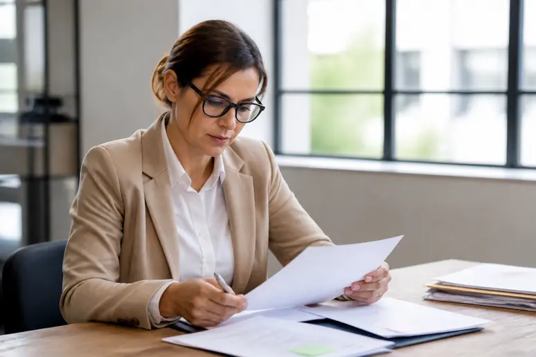 Employé consultant des documents administratifs sur le portail métier normand en bureau