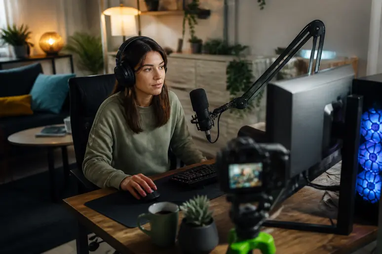 Une jeune femme streameuse s'installe devant son matériel pour animer une session dédiée au gaming féminin