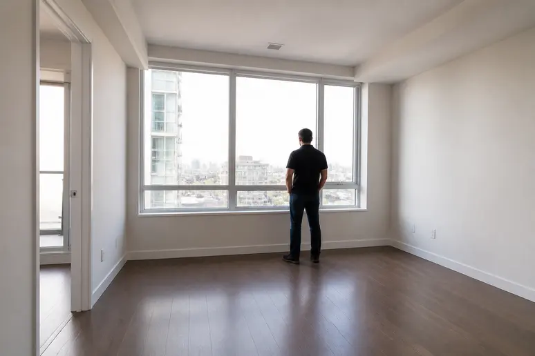Personne visitant un appartement vide dans le cadre d'une attribution de logement social prioritaire