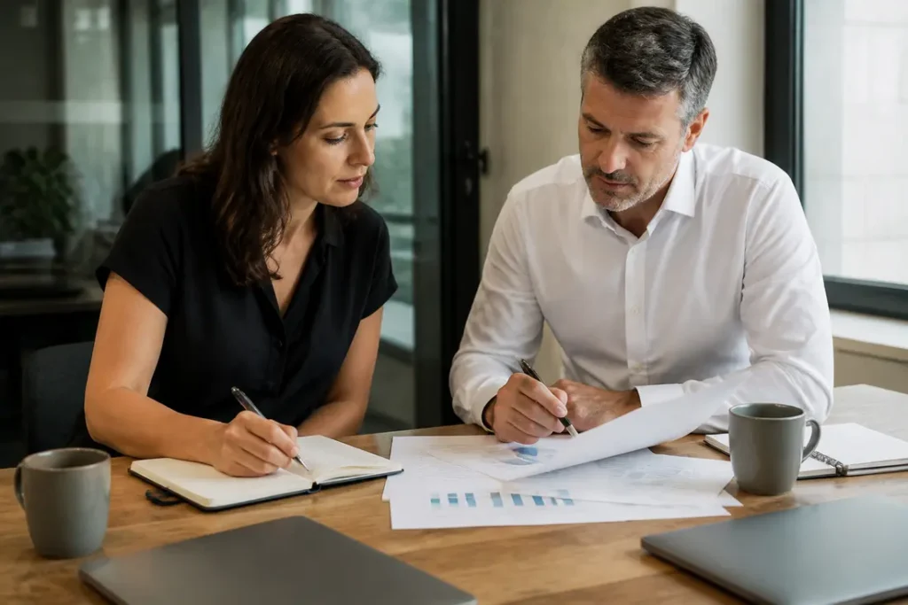 Deux collaborateurs analysent des documents financiers sur leur bureau pour choisir des outils B2B professionnels adaptés à leur équipe
