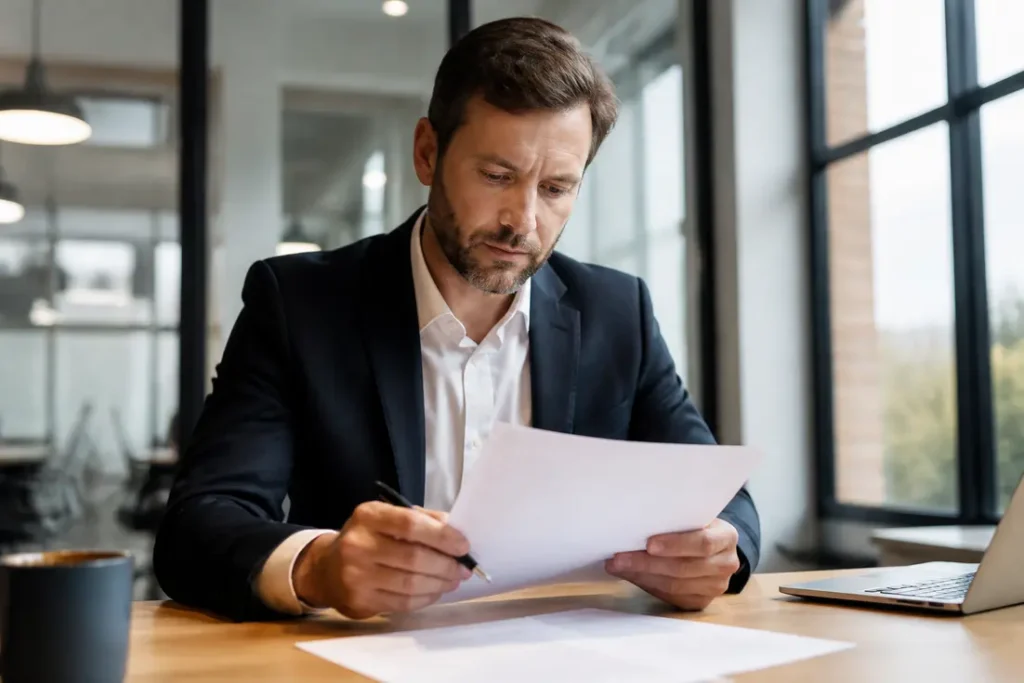 Un professionnel analyse des documents papier pour comprendre la différence entre CC et CCI dans un bureau lumineux.