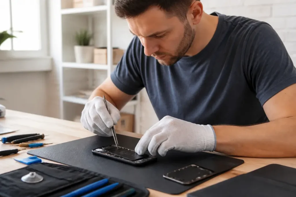 Un technicien répare minutieusement un smartphone sur son établi pour changer batterie iPhone.