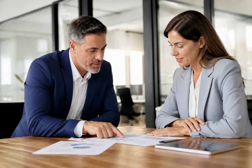 Professionnels de la finance analysant des documents de la commercial finance association dans un bureau moderne
