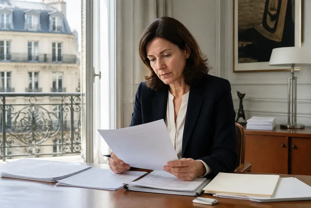 Un professionnel examine des documents administratifs dans un bureau lumineux pour savoir comment dénoncer Urssaf.