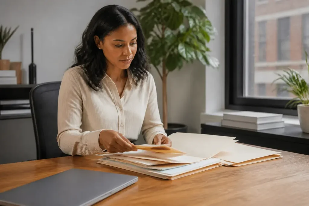 Professionnel organisant des dossiers sur un bureau lumineux en bois pour appliquer des astuces Google Workspace