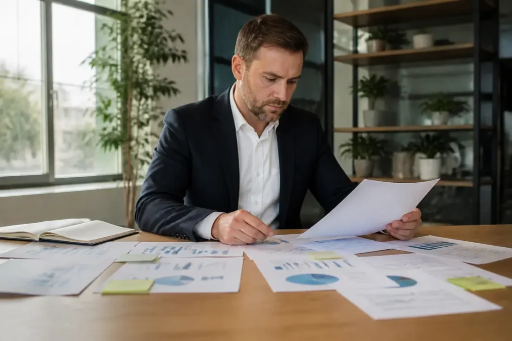 Un administrateur SAP Netweaver analyse des rapports financiers imprimés sur un bureau en bois
