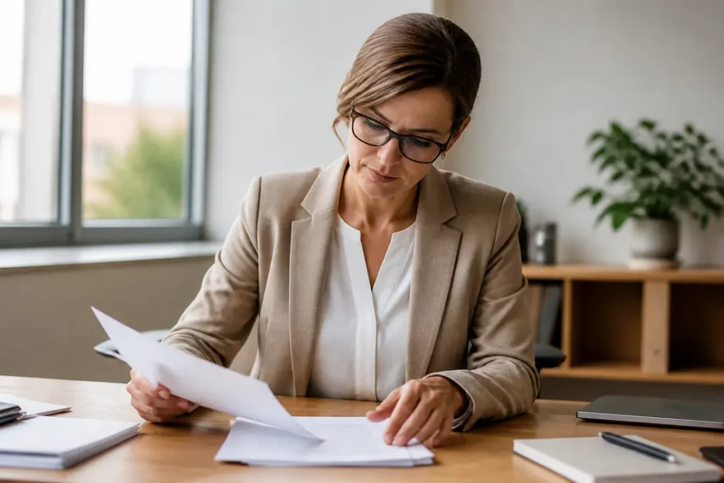 Un professionnel consulte des documents administratifs au bureau avec oneandone webmail accès connexion ionos