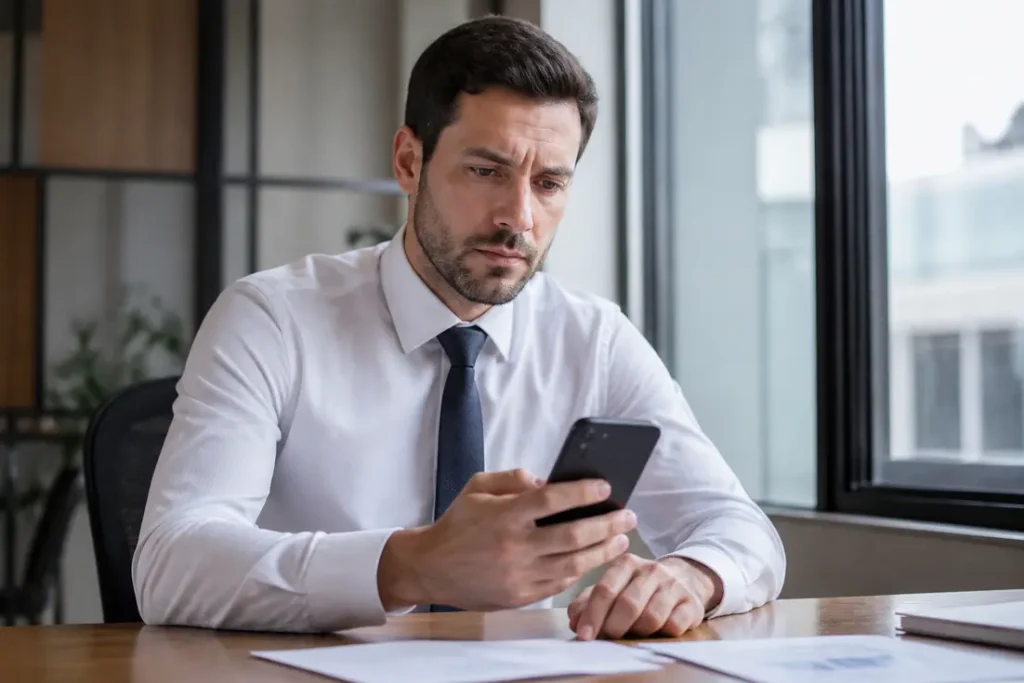 Un professionnel inquiet au bureau cherchant comment récupérer sms supprimé sans sauvegarde sur son téléphone.
