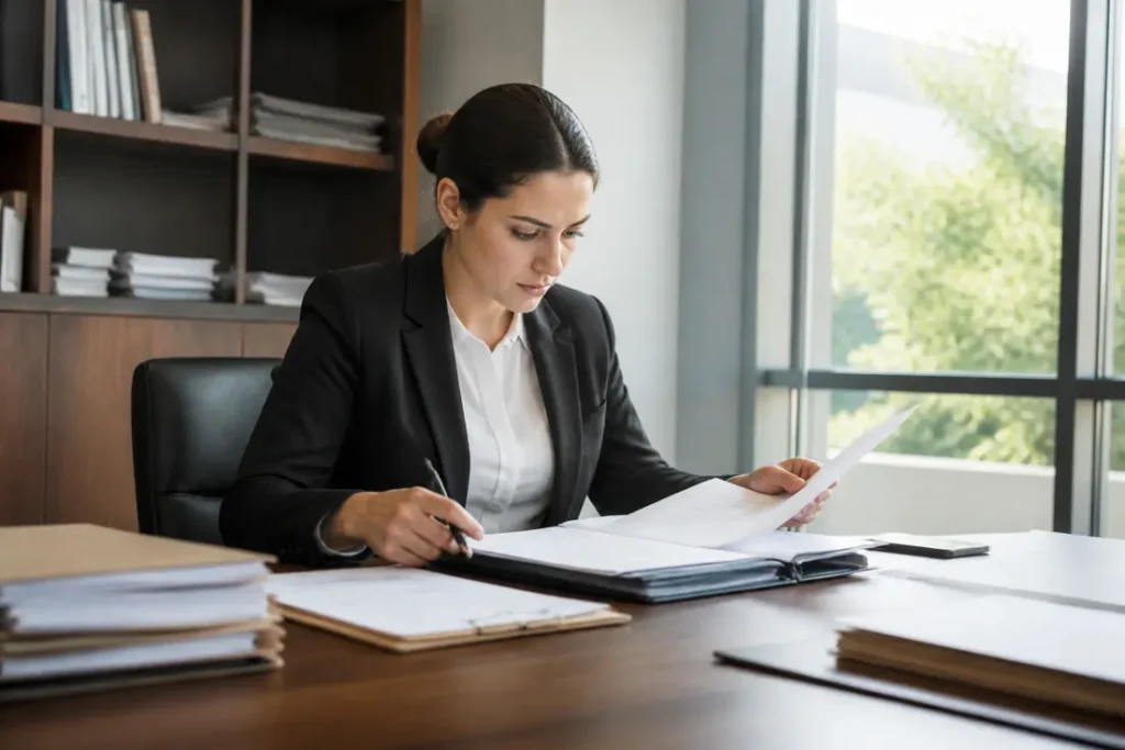 saisie attribution combien temps : un professionnel examine des documents financiers au bureau