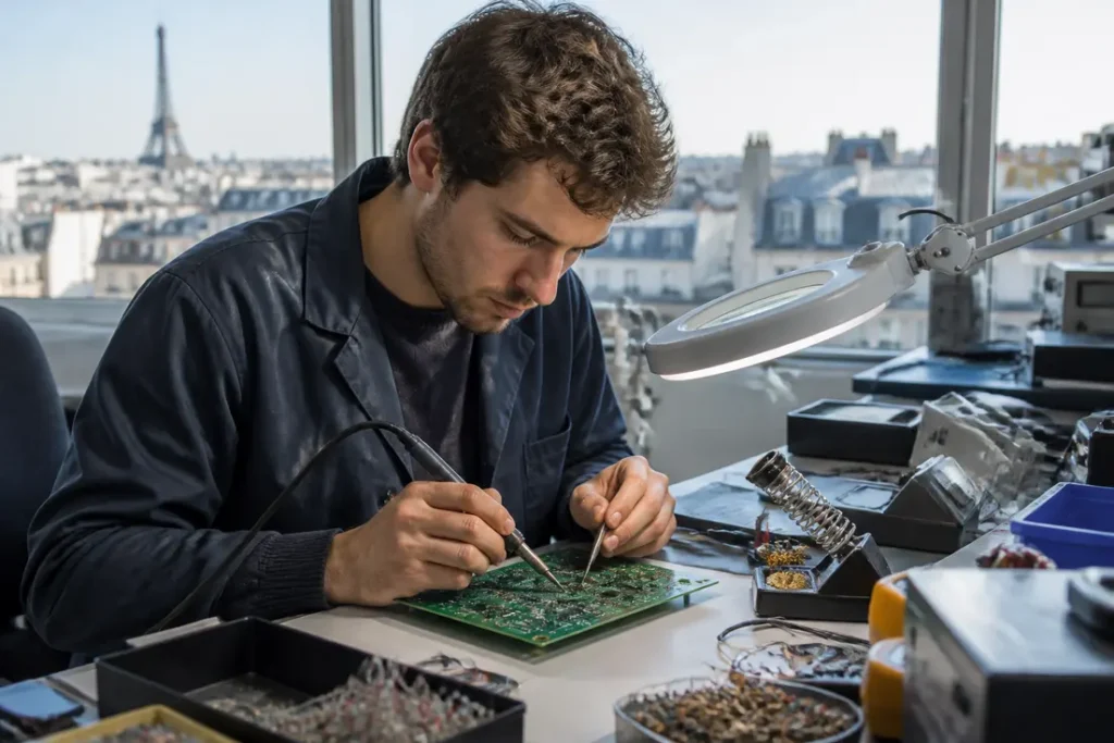 Un technicien manipule minutieusement un single inline package sur un circuit imprimé en laboratoire