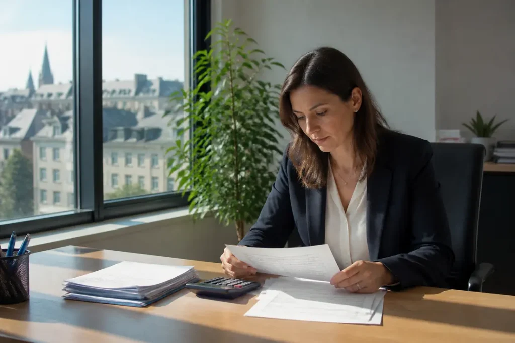 Un comptable analyse des fiches de paie pour le calcul du smic luxembourg en bureau.
