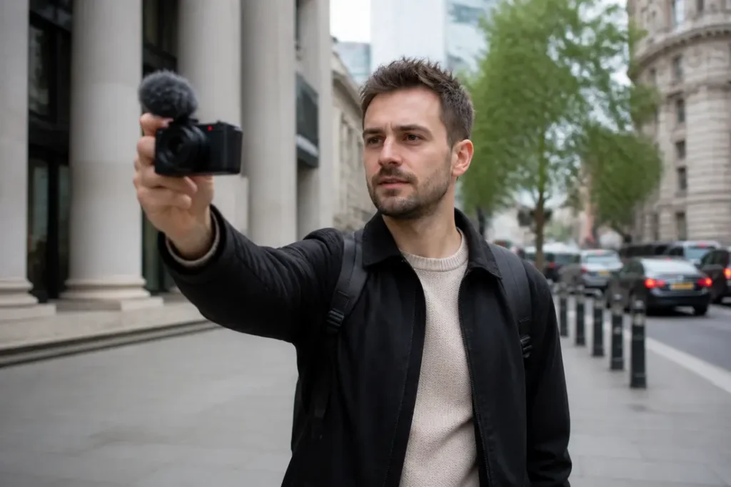 Un créateur teste le Sony RX100 VII avis avec un micro externe en ville