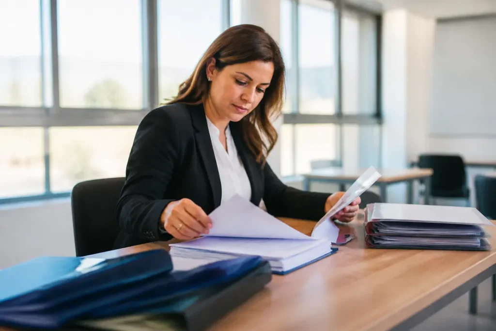 Gestionnaire de formation consultant des dossiers administratifs sur un bureau avec le logiciel Ypareo centres de formation