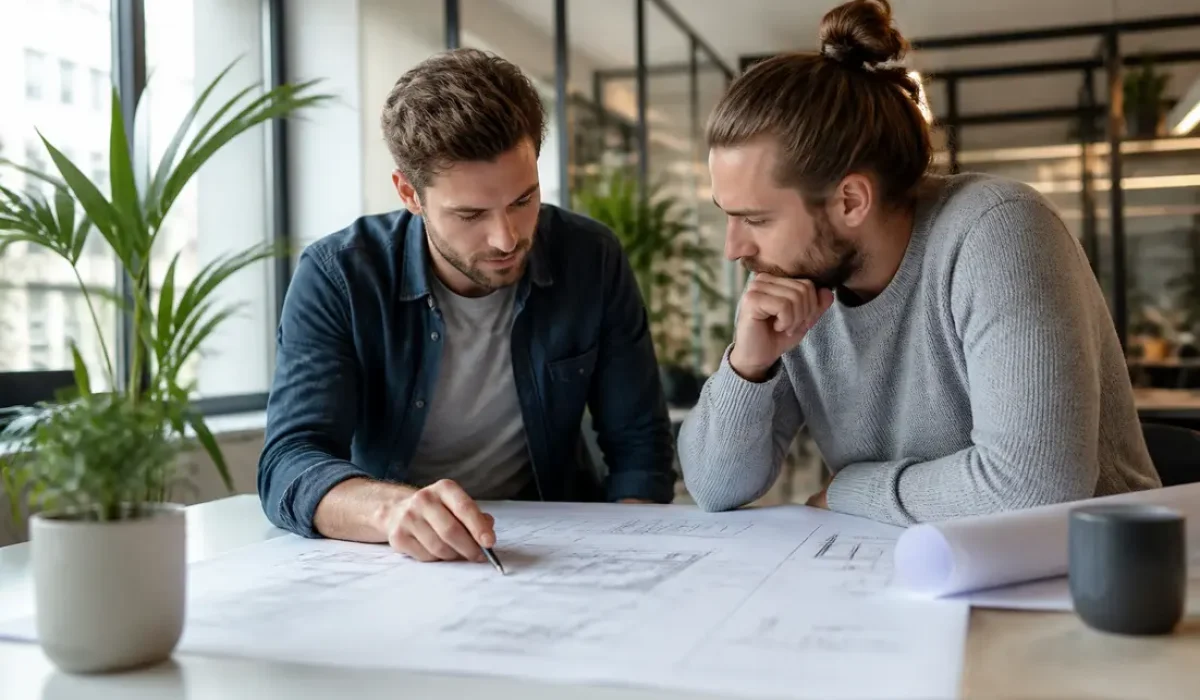 Deux consultants en discussion autour de plans papier illustrent les retours et conditions de travail chez Akkodis avis.