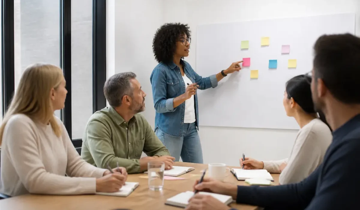 Séance de travail et de formation professionnelle autour d'Alternative Community Training dans des bureaux lumineux.