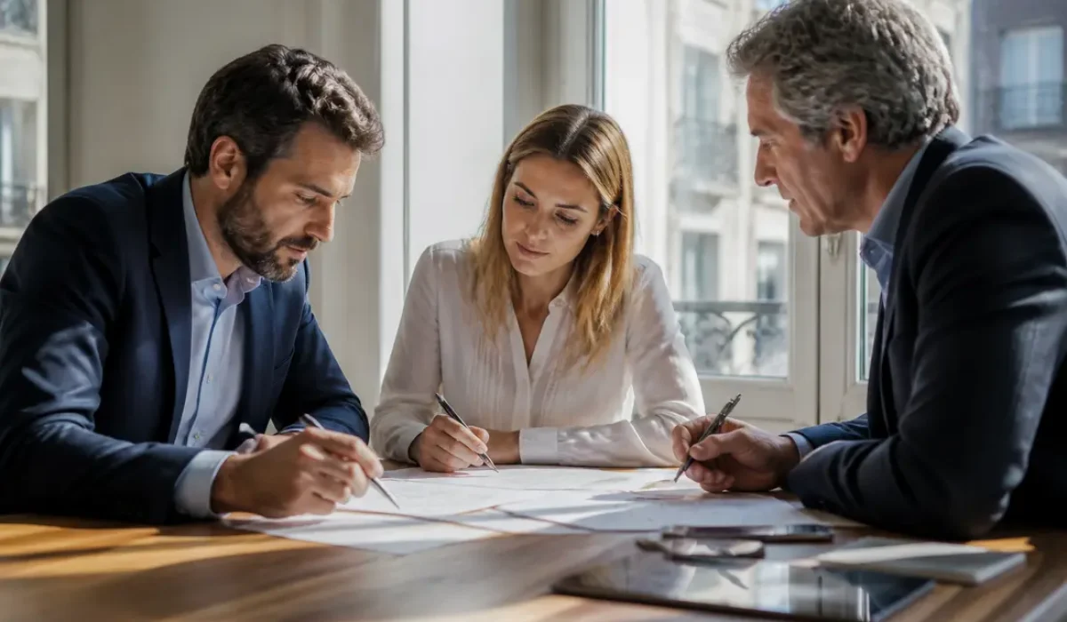 Trois professionnels étudient des documents papier autour d'une table dans le cadre d'un club d'investissement alternatif