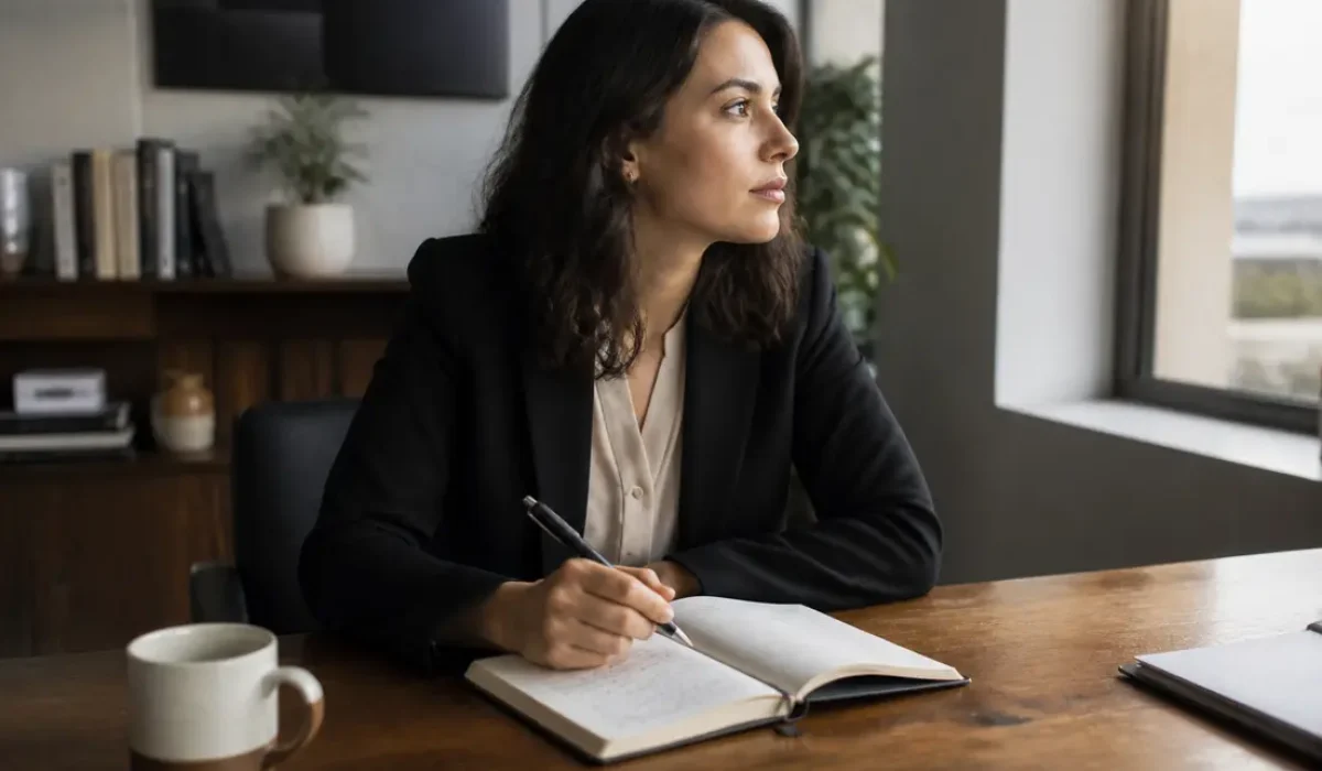 Une cadre dynamique en train d'optimiser son quotidien grâce à des notes manuscrites sur papier.