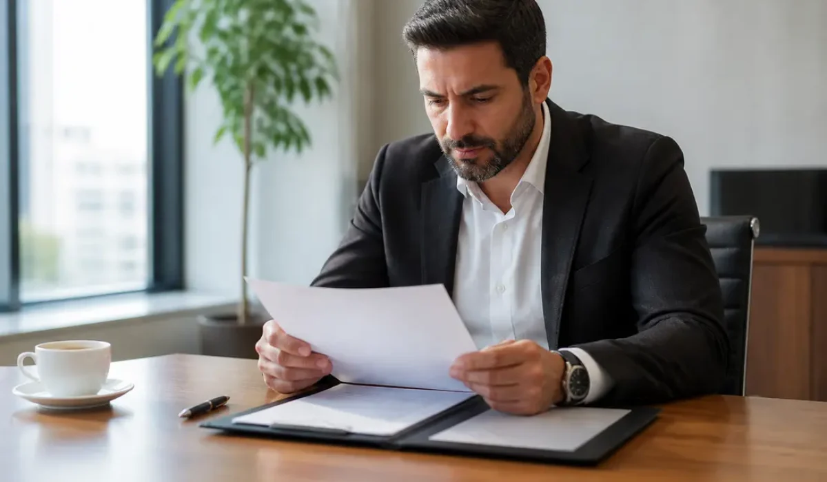 Un entrepreneur examine des documents administratifs importants pour obtenir attestation renonciation patrimoine personnel dans son bureau
