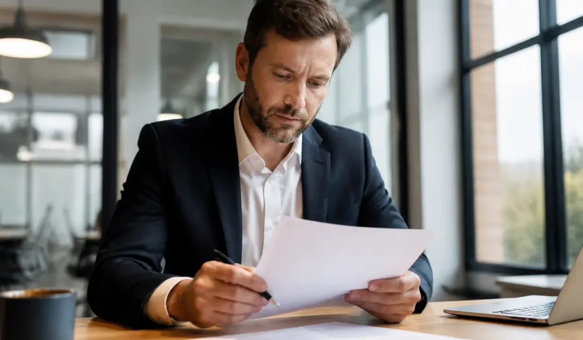 Un professionnel analyse des documents papier pour comprendre la différence entre CC et CCI dans un bureau lumineux.