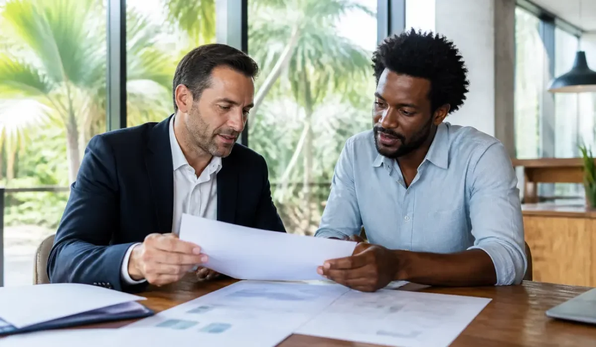Conseiller et entrepreneur analysant des dossiers administratifs pour les services accompagnement entreprises Guyane dans un bureau lumineux