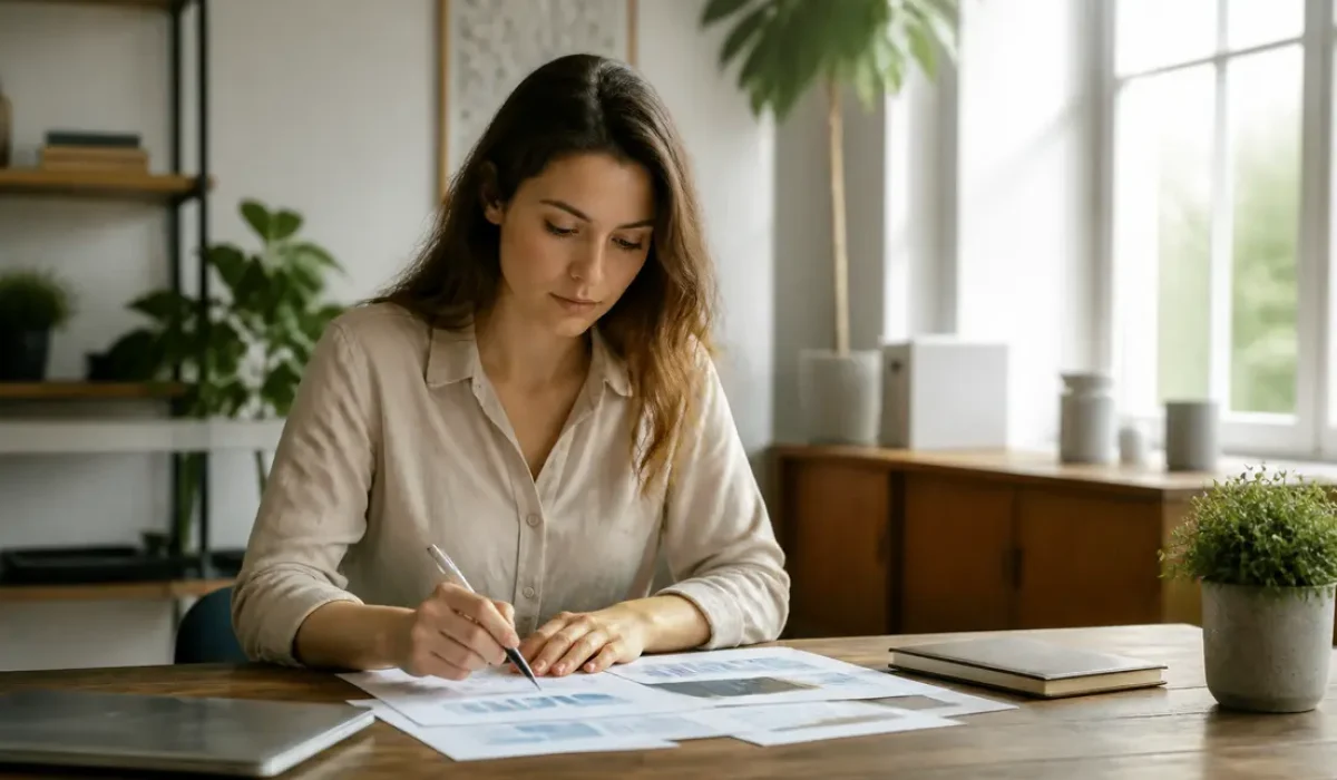 Une jeune femme travaille dans son bureau à domicile, réfléchissant à combien gagne un youtubeur avec 500 000 abonnés.