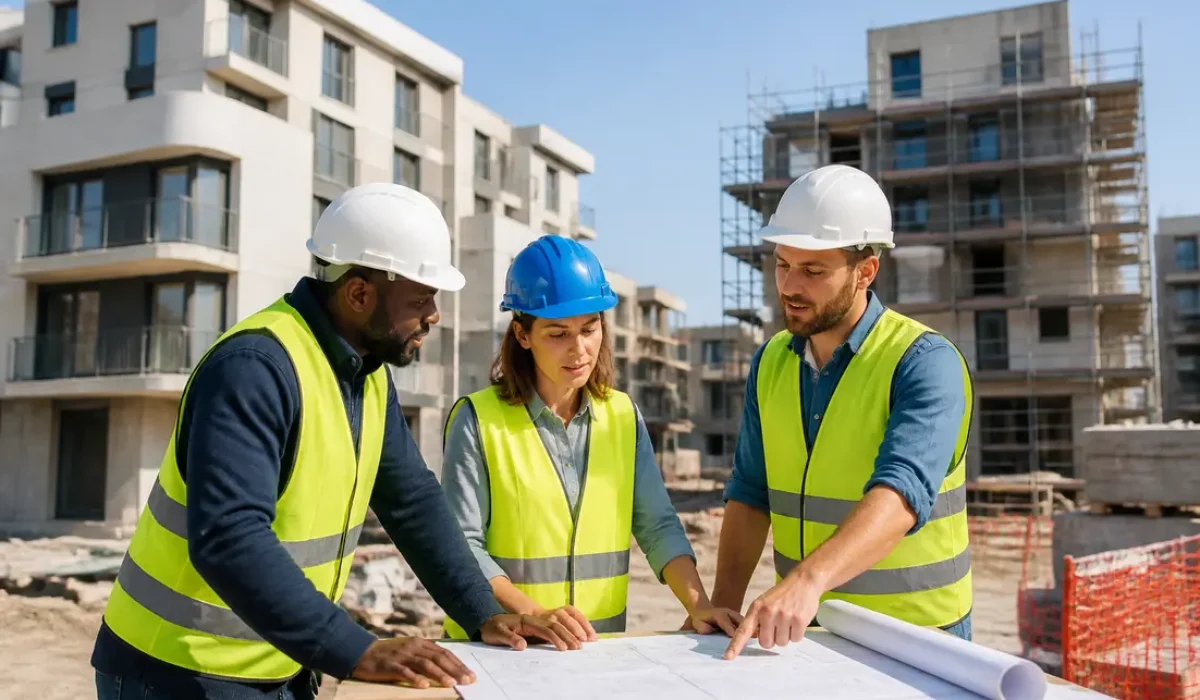 Des ouvriers échangent autour d'un plan sur un chantier, évoquant le comité interprofessionnel du logement.