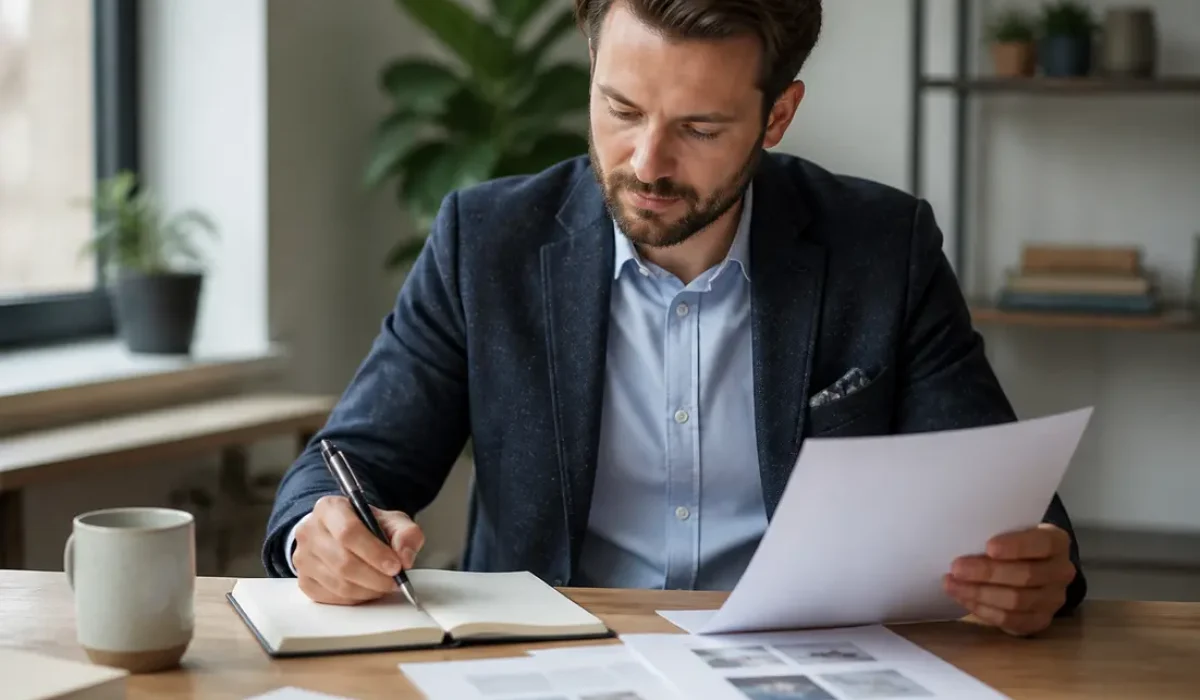 Professionnel planifiant ses publications avec un convertisseur texte LinkedIn sur un bureau lumineux