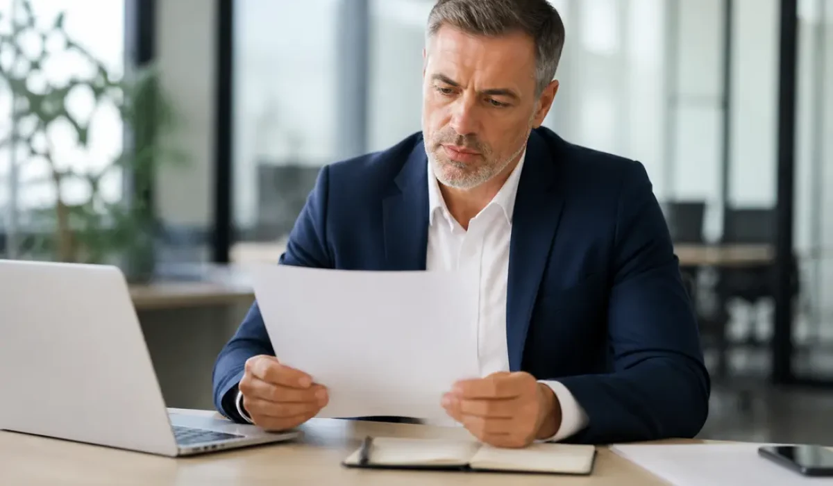 Un homme réfléchit à un document, symbolisant les démarches administratives liées à un mail en copie cachée.