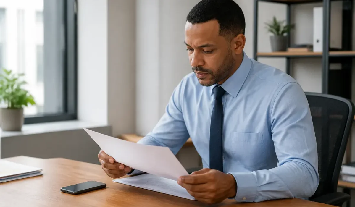 Un professionnel examine des documents administratifs pour débloquer téléphone blacklisté dans son bureau lumineux.