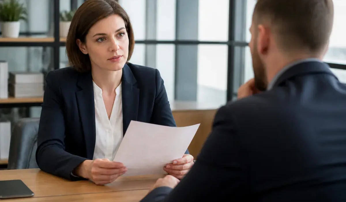 Salarié en entretien professionnel pour demander augmentation salaire hors entretien annuel dans un bureau lumineux.