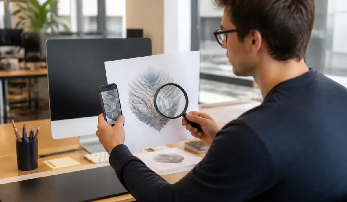 Détecter la police d'une image : un designer analyse un logo complexe au bureau.
