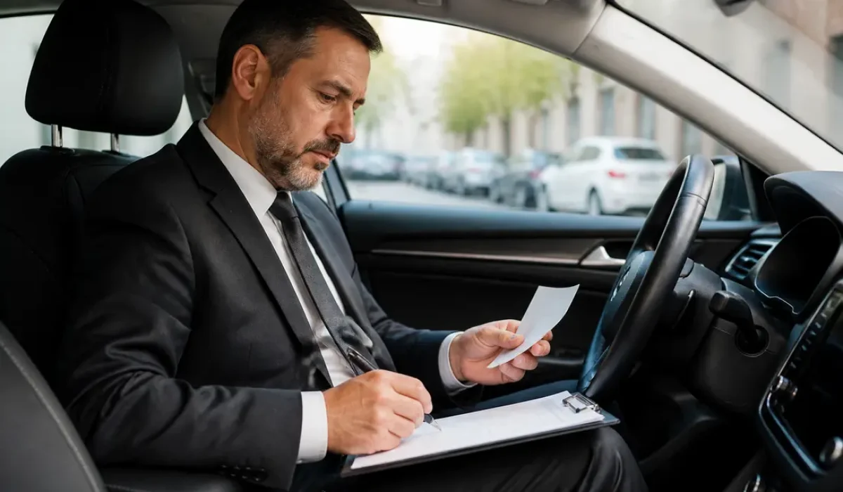 Un conducteur remplit des documents administratifs dans sa voiture pour devenir chauffeur VTC.